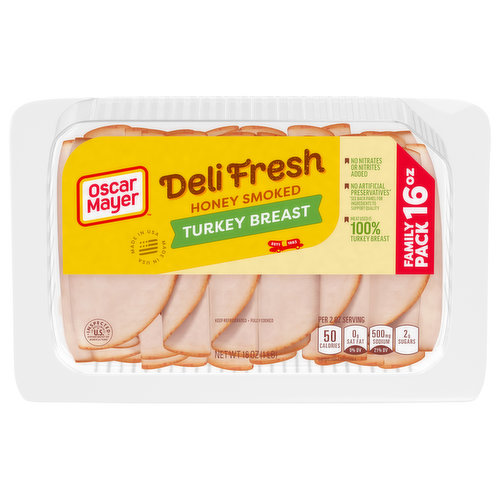 Make a delicious deli sandwich at home with Oscar Mayer Deli Fresh Honey Smoked Turkey Breast Sliced Lunch Meat. Our quality smoked turkey deli lunch meat is made with no artificial preservatives, no added hormones, and no added nitrates or nitrites. Fully cooked and ready to eat, our turkey lunch meat slices have a mouthwatering smoky flavor with a touch of sweet honey that's perfect for a classic turkey sandwich, salad, or cheese and crackers. Keep our family sized 16-ounce package of deli turkey lunchmeat refrigerated to maintain freshness. If you enjoy our honey smoked deli turkey, be sure to try the other varieties of Oscar Mayer lunch meat. 
