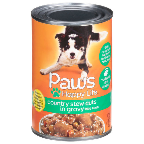 Calorie Content (calculated): Metabolizable Energy (ME) 808 kcal/kg; 504 kcal/can. Paws Happy Life Country Stew Cuts in Gravy Dog Food is formulated to meet the nutritional levels established by the AAFCO dog food nutrient profiles for maintenance.