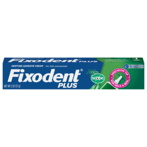 Want fresh breath and a strong denture hold? Try Fixodent Plus Scope denture adhesive cream. It combines a great hold with fresh breath by killing germs that cause bad breath. The Precision Tip Nozzle gives you the control to apply the right amount of Fixodent just where you want it. Helps keep food particles from getting between dentures and gums, for a strong hold. Leaves breath fresh with Plus Scope Flavor. Formulated with Breath Bacteria Shield Technology. Comes in a recyclable carton. From the #1 Dentist Recommended Brand*. Experience Life, Not Dentures. *among dentists that recommend brands of adhesive