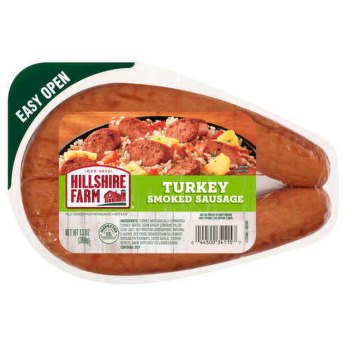 Handcrafted with natural spices and only our finest cuts of meat, Hillshire Farm Turkey Smoked Sausage is the delicious answer to heat and eat weeknight dinners. Fully cooked and ready in minutes, our sausage delivers farmhouse quality with rich flavor. From soups to stews, our ready to eat smoked turkey sausage is an instant favorite addition to a family meal.