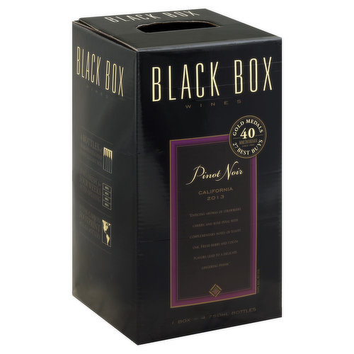 1 box = 4 - 750 ml bottles (3 liters). Enticing aromas of strawberry, cherry, and rose petal with complementary notes of toasty oak. Fresh berry and cocoa flavors lead to a delicate, lingering finish. Gold Medals: 40 Wine Enthusiast since 2004: 27 best buys. 13.0% Alc. by vol. 4 bottles of Award-Winning Wine in one elegant box. Stays fresh for four weeks after opening. 1/2 the carbon footprint of glass bottles. 40 gold medals. 27 Wine Enthusiast best buy awards. Award-winning Black Box Wines stand in the company of bottle wines that can cost up to twice as much. So raise a glass to exceptional quality and enjoy at considerable savings. Join us at facebook.com/blackboxwines. 13.0% alc. by vol. Packed by Black Box Wines, Madera, CA.