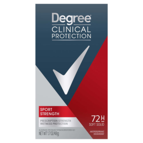Degree Men Clinical Antiperspirant Deodorant - Sport Strength 1.7oz, powered with unique MotionSense® technology that keeps you fresher the more you move. It has a clean, masculine scent, provides our most advanced protection against profuse sweating and body odor. Designed with innovative MotionSense® Technology, it includes body-responsive molecules that continuously work to release bursts of freshness. Degree’s cream formula creates a deep protective layer across your sweat glands - making it our most effective answer to excessive armpit sweating. This is not a hyperhidrosis treatment or hyperhidrosis product, please consult a doctor for that, but if you experience profuse sweating, apply Degree Men Clinical at night as it responds to your body’s chemistry, giving you long-lasting clinical protection - even after a shower in the morning. With its effective body-responsive technology, Degree's clinical strength deodorant is our most effective antiperspirant deodorant. It helps prevent body odor and creates a fresh smell, giving you all-day confidence to live your life to the fullest. Degree Men Clinical Sport Strength contains Degree’s innovative antiperspirant MotionSense® technology. It works like this: unique microcapsules sit on the surface of your skin. When you move, friction breaks those microcapsules, and they release more fragrance. Unique MotionSense® technology that keeps you fresher the more you move. Degree Men Clinical - get involved with our best sweat protection yet. Whatever you do, however you do it, Degree wants to help inspire the confidence in you to move more, and with this antiperspirant for men, it’ll provide you the confidence that sweat and odor will not get in your way of your progress. Degree. It won’t let you down.