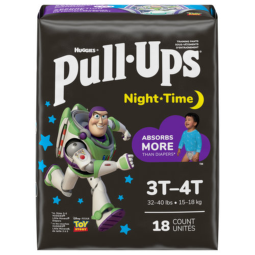 Make potty training a routine with Pull-Ups Night-Time Training Pants, the only disposable training underwear designed specifically for nighttime! Pull-Ups Night-Time Potty Training Pants absorb more than diapers* for up to 12 hours of overnight protection for your Big Kid. They are made with soft and breathable materials, so your child can stay comfortable as they sleep. Refastenable, easy-open sides allow you to keep clothing on your toddler for quick changes in the middle of the night. They also provide all-around coverage with stretchy sides that fit like underwear and slide up and down to promote Big Kid independence. Overnight potty training pants feature Disney·Pixar designs of Buzz Lightyear from Toy Story, with graphics that fade when wet to help your child learn and celebrate dry nights. No matter where your child is in his potty training journey, the Pull-Ups brand can help. Visit the Pull-Ups website for expert articles, tips and potty training resources. We've helped train 60 million Big Kids and counting! Pull-Ups Night-Time Boys' Training Pants are available in sizes 2T-3T (16-34 lbs) and 3T-4T (32-40 lbs). (*vs. size 3-5 Huggies Little Movers diapers)