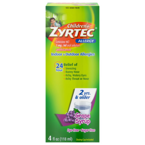 Children's Zyrtec Allergy Syrup relieves indoor and outdoor allergy symptoms in children. With 5 milligrams of the antihistamine cetirizine hydrochloride in each 5 mL, this over the counter children's allergy medicine offers all day 24-hour relief from common symptoms of hay fever, seasonal allergies, and other upper respiratory allergies. Children's Zyrtec provides consistently powerful relief for your kids' allergies and helps treat symptoms such as runny nose, sneezing, itchy watery eyes, and itchy nose and throat. Suitable for children ages two years and up, Children's Zyrtec Allergy Syrup is dye-free, sugar-free and available in a kid-friendly grape flavor.