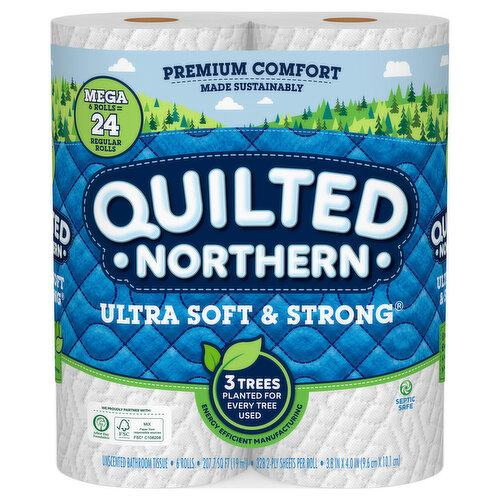 Mega 6 rolls = 24 regular rolls. Premium comfort. Made sustainably. We proudly partner with: Arbor Day Foundation. FSC Mix: Paper from responsible sources. www.fsc.org. Our Ecocomfort promise premium comfort. Made sustainably. Innovative manufacturing. Our efficient manufacturing technology squeezes out more water from the paper before drying (vs. Other ultra 2-ply national brands in the drying process on a per-sheet basis). This saves 30% more water and uses 30% less energy (vs. Other ultra 2-ply national brands in the drying process on a per-sheet basis). Septic safe: flushable and septic safe for standard sewer and septic systems. Healthy forests. Responsibly sourced. Our trees are sourced from well-managed, FSC certified forests and other responsible sources. 3 trees planted for every tree used. Energy efficient manufacturing. We partner with the arbor day foundation to restore us forests by planting 2 trees for every tree we use. Additionally, one tree is re-planted by our supplier.