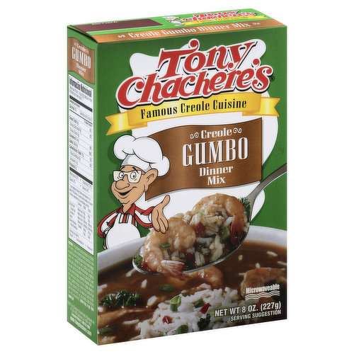 Famous Creole cuisine. Microwaveable. First Inductee - Louisiana Chef's Hall of Fame. South Louisiana cooking legend Tony Chachere makes it easy to enjoy authentic Creole dinners at home. We guarantee the entire family will enjoy this delicious mouthwatering meal. Tony Chachere's makes everything taste great! For more information about our company, great recipes, and a full list of products, visit us on the web. www.tonychachere.com. Facebook: facebook.com/tonychacheres. Twitter: twitter.com/tonychacheres. Consumer Hotline: 1-800-551-9066. Please recycle. Made in the USA.