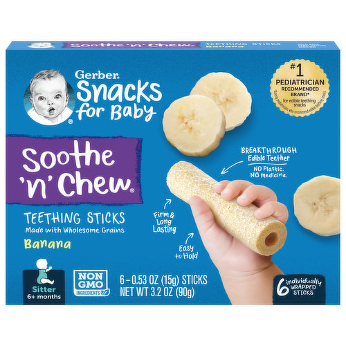 Baby's 1st snack for teething comfort. Breakthrough edible teether. No plastic. No medicine. Long lasting. Easy to hold. Designed by Feeding Experts: Is your little one a Biter? Is she starting to teeth and gnaw on everything? Soothe 'n' Chew teething sticks are perfect. Long Lasting: Firm outer texture that slowly softens and satisfies as baby chews. Easy to Hold: Ridged surface and perfect size for baby's grip. Comforting: Airbubble texture to soothe and massage gums. Your Sitter 6+ Months May be Ready for This When They: Sit independently; Have started solid foods; Pick up and hold objects in hands and can bring objects to mouth; Are cutting teeth and need to relieve the urge to bite. We are taking action to protect the planet - so Gerber babies will grow and thrive for generations to come. Our Teething Sticks wrapper packaging is recyclable through TerraCycle Visit gerber.com/sustainability to learn more.