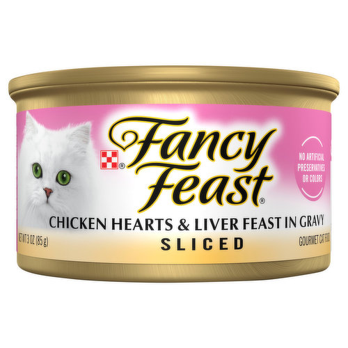 Give your darling cat the classic flavors she loves with Purina Fancy Feast Sliced Chicken Hearts and Liver Feast in Gravy adult wet cat food. The tender slices deliver a texture sure to please your cat's palate, with a delicious blend of chicken hearts and liver to give her a taste she can savor with every bite. A delicate gravy complements the high-quality ingredients for a satisfying meal she will crave. Fill her dish with this scrumptious, protein-rich wet cat food, and rest easy knowing she's getting essential vitamins and minerals for 100 percent complete and balanced nutrition for adult cats in every serving to support her overall health. Make mealtime a special occasion to share with your cat, and show her that her happiness is your top priority when you serve up this delectable gourmet cat food recipe. For a diet with varied flavors, offer up our other Fancy Feast Gourmet Sliced wet cat food varieties and let her indulge in all her favorite taste sensations.