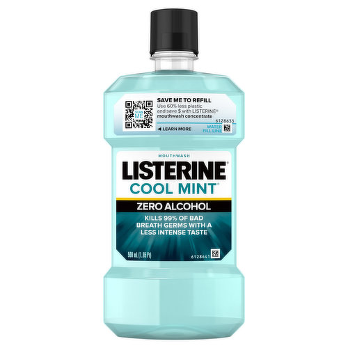 Say goodbye to bad breath with Listerine Zero ALCOHOL Cool Mint Mouthwash. Listerine Zero alcohol-free mouthwash kills 99.9% of bad breath germs with a less intense taste for a fresher and cleaner mouth than brushing alone. It features flavors found in Listerine Antiseptic, but in a less intense formula. With approximately two weeks supply in this 500 mL bottle, get 24-hour protection from bad breath germs by rinsing with mouthwash for 30 seconds twice a day, both morning and night. The great-tasting Cool Mint flavor of this less intense, fresh breath mouthwash leaves your mouth feeling clean and refreshed.