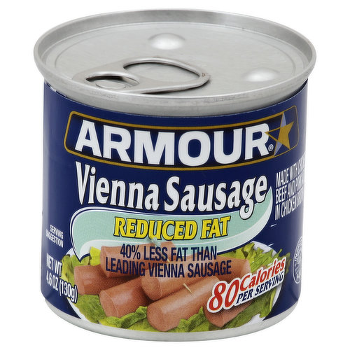 40% less fat than leading Vienna sausage. 80 calories per serving. Armour Vienna Sausages are bursting with flavor! This is ideal for people who want to enjoy Vienna Sausage on the side. Perfect as a ready to eat snack, or add them your favorite dishes such as mac & cheese, casseroles and salads. For great Armour recipes, visit www.Armour-Star.com. Armour Vienna Sausage - America's favorite. Questions or comments? 1-800-528-0849. www.Armour-Star.com. Gluten free. Fat content has been reduced from 10 g to 6 g per serving. Recyclable aluminum. Satisfaction guaranteed. Made with chicken - beef and pork added in chicken broth. Inspected for wholesomeness by US Department of Agriculture. Made in USA.