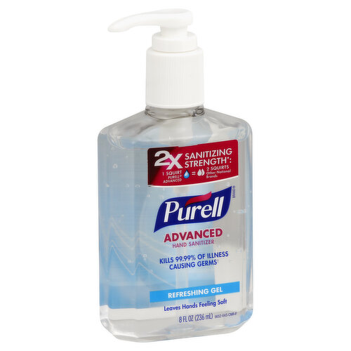 2x Sanitizing Strength (Based on comparative study using 1.75 ml of Purell versus 3.5 ml of other national brands with 63% or less ethyl alcohol, and tested in accordance with FDA Heathcare Personnel Handwash guidelines. National brands based on 52-week IRI scan data. Visit purell.com for more information.): 1 squirt Purell Advanced = 2 squirt other national brands. Kills 99.99% of illness causing germs (Kills 99.99% of most common germs that may cause illness). Leaves hands felling soft. www.purell.com. Questions? Tel: 1-888-4-PURELL. Made in USA.