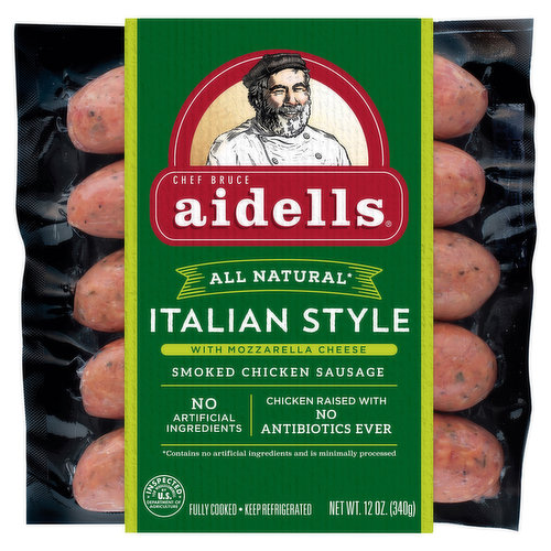 Enjoy the delicious flavors of Italy with Aidells Italian Style with Mozzarella Cheese Smoked Chicken Sausage. Made with mozzarella cheese, roasted garlic, and hardwood smoked chicken, this all-natural sausage is rich and savory with a hint of freshness from real basil. Simply saute with penne pasta and a splash of olive oil for a flavorful dinner. Our Italian Style sausage is gluten-free and has no added nitrites, except for those naturally occurring in celery powder. For over 30 years, Aidells chicken sausages have been handcrafted in small batches with care using only the freshest, most flavorful ingredients we can find. Our all-natural sausages are stuffed by hand in natural casings with no fillers or binders and slow-smoked for hours over real hardwood chips for that snap we love. Though Aidells has grown over the years, we still believe in doing things the way we always have: with extraordinary care and passion. Minimally processed, no artificial ingredients