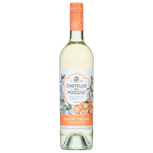 Est. 1699. Historic Italian estate established 1699. Introducing the Castello del Poggio Fruit Blossom Collection, a sun-drenched, fruity oasis awaits! Discover Peachy Dreams Peach Moscato, with luscious all-natural fruit flavor blended into our mouthwatering Moscato. Just Peachy! Unlock your senses. Dry. Medium dry. Semi-sweet. Sweet. Wine specialty.