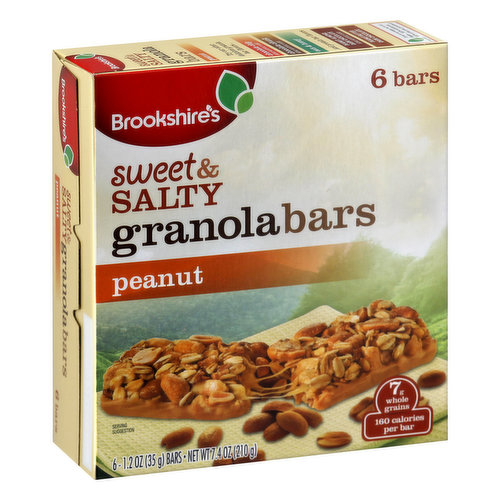 7 g whole grains; 160 calories per bar. Since 1928. If you're not happy, we're not happy - 100% satisfaction, 100% of the time, guaranteed! brookshires.com. Questions? Call us at 1-903-534-3000; brookshires.com. Try our other delicious granola bar flavors. Chocolate Chip: Naturally and artificially flavored; Chocolate Chunk: Naturally and artificially flavored; Oats & honey - and protein bar flavors. Peanut, almond, Dark Chocolate: Naturally and artificially flavored; Peanut Butter Dark Chocolate.