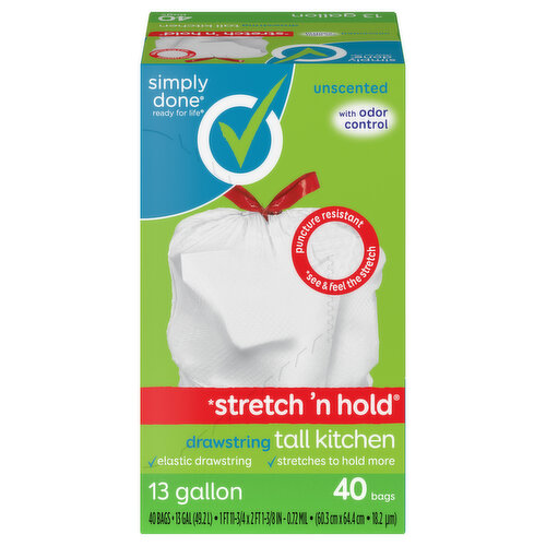 Simply Done Tall Kitchen Bags, Drawstring, Stretch 'n Hold, Unscented, 13 Gallon