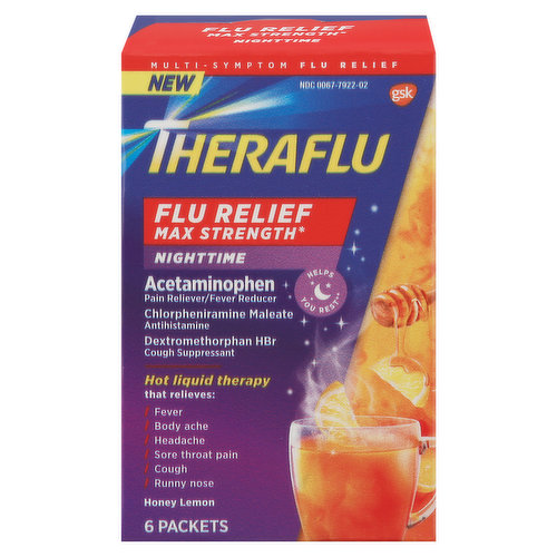 Theraflu Flu Relief, Multi-Symptom, Max Strength, Nighttime, Honey Lemon