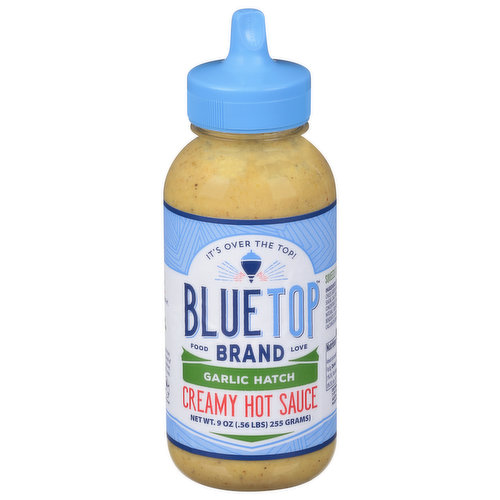 It's over the top! Food love. A hot sauce is one thing but a creamy hot sauce is over the top. We think of it as a new condiment. What’s Blue Top? We are a group of food lovers, family and friends from Dripping Springs, Texas. We set out to create a brand of sauces to make lives happier. Blue Top means creative, fun and extraordinarily delicious recipes, like this one. No HFCs. Happiness is peace, love & blue top. Squeeze it on thick. Medium heat.