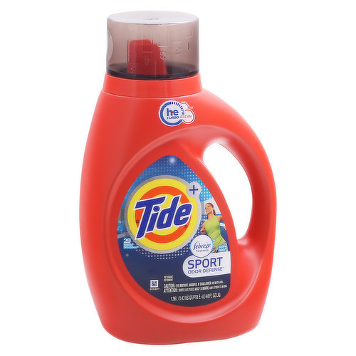 29 loads (contains approximately 29 loads as measured to bar 1 on cap). HE Turbo: Clean. Cleans. Freshens. Whitens. Brightens. Pluse more odor-fighting power (vs base tide). Contains no phosphate. www.tide.com. Questions? 1-800-879-8433. Visit us at www.tide.com Bottle made from 25% or more post-consumer recycled plastic.