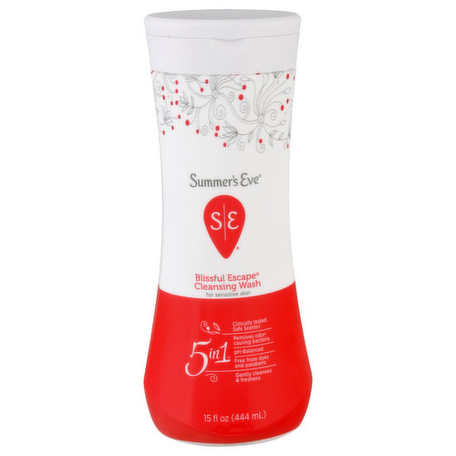 For sensitive. Clinically tested safe scents. Removes odor-causing bacteria. pH balanced. Free from dyes and parabens. Gently cleanses & freshens. 5 ways to fresh. No matter what your day brings, you can trust Summer's Eve cleansing wash, packed with 5-in-1, freshness. Summer's Eve cleansing wash won't dry like soap, and it's pH-balanced to match your body's natural chemistry. And not only does Summer's Eve cleansing wash help top odor, it features gynecologist-tested safe scents - signature scents approved for everyday use. summerseve.com. Want to chat? Send us an email at summerseve.com or call 866-787-6383. This product is not tested on animals.