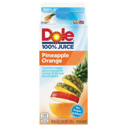 Flavored blend of pineapple, apple and orange juices from concentrate with other natural flavors and ingredients. With other natural flavors. No artificial flavors. 120 calories per 8 fl oz serving. No added sugar (Not a low calorie food see nutrition facts for further information on sugars and calorie content) or sweeteners. Excellent source of vitamin C. Proud to be 100% Juice. Every Glass of Dole 100% Juice Contains: Dole 100% fruit juice contains only sugars from the real fruit. Just one 8 fluid ounce glass of Dole juice provides; Two servings of fruit (per 8 fl oz. Serving. Under USDA’s dietary guidelines, 4 fl oz. Of 100% juice = 1 serving of fruit. The guideliness recommend that you get a majority of your daily fruit servings from whole fruit). Pasteurized. how2recycle.info. Questions or comments? Call 1-800-936-3653. Carton specially designed to preserve freshness.