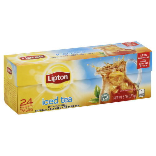 Specially blended for iced tea. 100% natural. Rainforest Alliance Certified. 0 calories per 1/4 tea bag. Less packaging. Same amount of tea. This product contains 45 mg of caffeine per 8 fl oz serving. To learn more about tea's role in a healthy lifestyle call 1-800-LiptonT (1-888-547-8668) or visit www.lipton.com. Real tea leaves specially blended for iced tea. It all started with one bright idea, from Sir Thomas Lipton. Our founder was a man on a mission - to share his passion for tea around the world. He believed that everyone deserved high-quality, great-tasting tea. And over 125 years later, that belief is still what drives us - inspiring more flavors, more varieties, and more love than ever for everything tea. Quality and taste since 1890. Your tea, their brighter future. We work with Rainforest Alliance to help create a sustainable future for our farmers, their families, and their environment. A brilliant taste for a brighter day - Our master blenders have created this delicious blend from carefully selected tea leaves, capturing as much natural tea taste and aroma as possible. Simply brew with boiling water, sweeten and add the ice cubes. Then, take a sip and let great-tasting Lipton tea brighten your day.