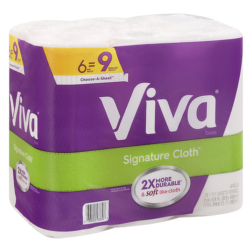 6 big rolls = 9 regular rolls (Compared to Viva Multi-Surface Cloth regular roll 52ct Choose-A-Sheet). 2x more durable (when wet vs. the leading value brand) & soft like cloth. Viva Signature Cloth Towels are the same soft and strong Viva Towels you know and love. With cloth-like durability and Micro-Texture to lift away even tough messes, Viva Signature Cloth Towels help you achieve an exceptional, thorough clean. Viva, The Towels that Clean like Cloth. An exceptional clean for the entire house! FSC: Mix - Paper from responsible sources. www.fsc.org. FSC certification ensures that the paper used in our towels come from responsibly managed forests and other verifiable sources that meet specific environmental, social, and economic standards. Dispose of properly.