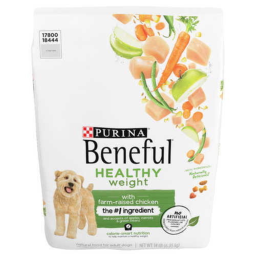 Give your dog dry food with the wholesome goodness they crave while keeping an eye on their weight with Purina Beneful Healthy Weight Dry Dog Food With Farm-Raised Chicken adult dog food. Great tasting with no artificial preservatives or flavors and added colors only from natural sources, this weight management dog food delivers calorie-smart nutrition. Real U.S. farm-raised chicken is the number 1 ingredient in this protein formula and each cup contains 25 grams of protein for dogs to give your dog muscle support to help keep them ready for the dog park. With 10 percent fewer calories than Purina Beneful Originals With Farm-Raised Beef, this weight management dog food formula also contains no potatoes. Your dog gets 23 essential vitamins for dogs and minerals in each serving to support overall health, plus accents of real apples, carrots and green beans. Show your dog you love them by serving Purina Beneful Healthy Weight Dry Dog Food With Farm-Raised Chicken for 100 percent complete and balanced nutrition.