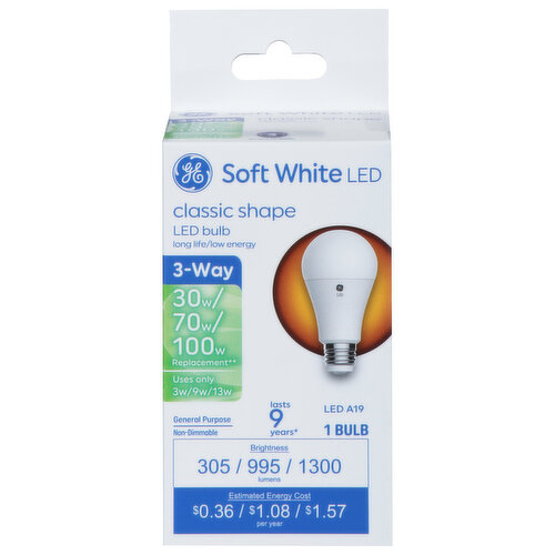 GE Light Bulb, LED, 3-Way, Soft White, Classic Shape, 30/70/100 Watts