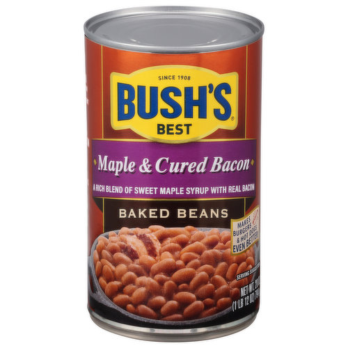 Seasoned with maple syrup, cured bacon & other natural flavors. Gluten free. 98% fat free. Good source of fiber. See nutrition information for sodium content. Since 1908. Secret family recipe. Burgers love beans like savory loves sweet. www.bushbeans.com. 1-800-590-3797. Please refer to the code on end of can. Please recycle.