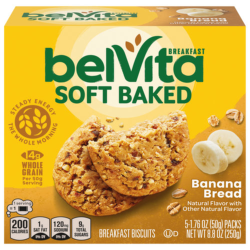 The wholesome breakfast biscuits you enjoy minus the crunch, belVita Soft Baked Banana Bread Breakfast Biscuits are chewy and oh so delicious. These bulk soft biscuits are made with wholesome grains and feature the scrumptious flavors of banana bread. Specially baked, these soft biscuits contain slow-release carbs that break down gradually in the body to deliver delicious, steady energy all morning long so you can enjoy these with your morning coffee, yogurt and fruit or as an instant breakfast food no matter what the morning brings. Each 50 gram serving of these bulk breakfast cookies contains 14 grams of whole grain and 4 grams of fiber for a delicious alternative to traditional snack bars. A simple addition to your morning, these cholesterol-free soft baked cookies contain no high-fructose corn syrup and no artificial colors, flavors or sweeteners. What are you waiting for? These convenient breakfast biscuits made with wholesome grains are a great alternative to traditional breakfast snacks. These bulk breakfast biscuits are also energizing alternatives to snack bars and wholesome additions to college care packages. Each individual pack contains one soft baked biscuit for you to enjoy on the go, at the office or at home for lasting morning energy.