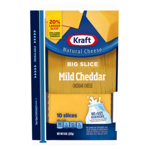Per 1 Slice: 90 calories; 5 g sat fat (24% DV); 140 mg sodium (6% DV); 0 g total sugars. Contains 0 g lactose per serving. 20% larger slice (Big slice dimension versus regular sized Kraft natural cheese slices). For a more flavorful sandwich. Natural cheese. 10 slices. Bigger flavor in a big slice. For over 100 years, Kraft has been making the cheese your family loves. So, no matter how you like it, we've got a cheese for you. Family greatly. No rbST hormone. Made with milk from cows raised without added rbST hormone (No significant difference has been shown between milk derived from rbST-treated and non-rbST-treated cows). Kraftheinzcompany.com. Reclosable. Resealable. Mealtime can be hard, especially when it comes to making something everyone agrees on. Use Kraft Big Slice Mild Cheddar Cheese Slices to make something everyone will love, so you can spend time focused on each other and not worried about making everyone happy. Kraft Big Slice Mild Cheddar Cheese Slices are 20% larger dimension than regular sized Kraft Natural Cheese slices to deliver more of the delicious flavor you love. This cheddar cheese comes pre-sliced, so it's easy to add to grilled cheese sandwiches or juicy cheeseburgers. Starts with fresh milk to ensure each slice is smooth and creamy . Add some cheesy goodness to wraps or deli sandwiches at lunchtime. Each package is resealable to lock in flavor. Made with milk from cows raised without added rbST hormone. No significant difference has been shown between milk derived from rbST-treated and non-rbST treated cows.