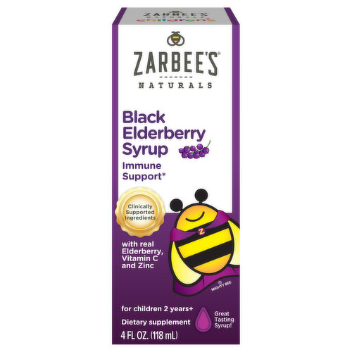 Mighty bee. Great tasting syrup! Zarbee's Story: Dr. Zak Zarbock, a pediatrician and father, couldn't find effective chemical-free products to keep the whole family healthy, so he created his own products, including handpicked natural ingredients, whenever possible. The result is Zarbee's Naturals. Our Children's Black Elderberry Syrup is specially formulated to support your little one's immune system. Black Elderberry syrup may naturally darken in color over time. Safe & Effective: Scientifically tested and clinically supported ingredients. Immune support from real Elderberry, vitamin C and Zinc. Elderberry contains flavonoids which act as antioxidants to provide immune support and maintain healthy cells. No dyes. From the makers of No. 1 Pediatrician recommended (Cough syrup brand for children 10 years and under).