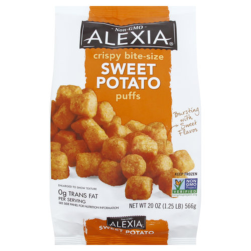 Bursting with sweet flavor. Sweet and savory flavor in each delicious little bite. Big Flavor Comes in Small Packages: That's why we take only the freshest sweet potatoes and use them to create these delectable bites. Each puff is a burst of sweet and savory and crispy and sweet - all in just one bite. Our Story: At acclaimed international restaurants, Chef Alex discovered that by hand-selecting the finest ingredients and producing only small batches, he could create everyday side dishes that achieved a level of quality to match most any gourmet entree. 0 g trans fat per serving. See side panel for nutrition information. Non-GMO. Non GMO Project verified. nongmoproject.org. Try our other Alexia products. Have a question or comment? Visit us at alexiafoods.com or call 1-866-484-8676 (except national holidays). Please have entire package available when you call. Connect with Us: See how our products rate products and write your own review at alexiafoods.com. Facebook: Visit us at Facebook.com/alexiafoods. Product of USA.