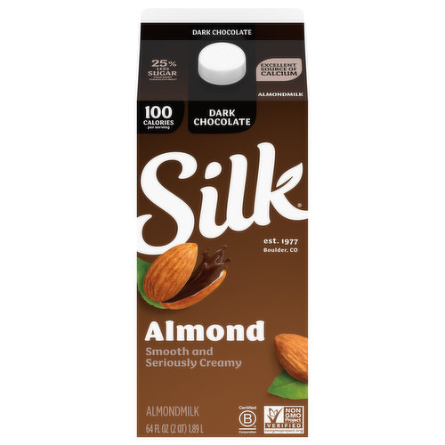 Treat yourself to this smooth and seriously creamy Silk Dark Chocolate Almondmilk. Enjoy all of the taste with 25% less sugar than dairy chocolate milk*. Made with three kinds of almonds grown by Mother Nature and picked at the peak of ripeness, this lactose free milk has a perfect mix of quality and flavor. Plus, its smooth flavor makes it an extraordinary tasting plant based milk that you can use throughout your day. It tastes great in a glass or in your favorite smoothies. Every serving of this non dairy milk is an excellent source of calcium and has Vitamin D to help support strong bones. Silk Almondmilk is totally free of dairy, soy, lactose, gluten, casein, egg, carrageenan, and MSG. Whether you’re making a bowl of healthy cereal, drinking straight out of a glass or enjoying a frothy coffee, trust Silk — the Original Plant Pioneer. Today Silk supports regenerative agriculture because we believe in the power of plants for people and the planet. It’s not just almondmilk, it’s Milk of the Land**. Read more about our story on our packaging. Enjoy all of the Silk products, including gluten free vegan milk, non dairy creamers and dairy free yogurt varieties. **From plants, not cows. Not nutritionally equivalent to dairy milk.