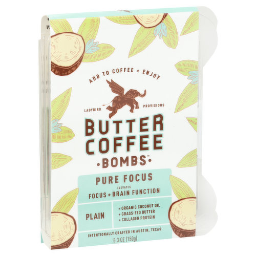 Add to coffee + enjoy. Elevates focus + brain function. Plain: Organic coconut oil; Grass-fed butter; Collagen protein. Intentionally crafted in Austin, Texas. Oil separation is natural and a cloudy appearance may occur. ladybirdprovisions.com.