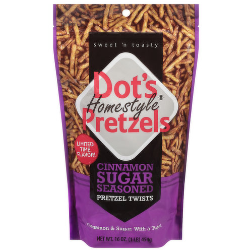 Limited time flavor! Cinnamon & sugar. With a twist. A Bold Twist on Pretzels: Dot's Homestyle Pretzels are a special family snack created many years ago by Dot herself in her home kitchen. With such a unique and flavorful pretzel, our goal is to share them far and wide so that everyone can enjoy the bold and delicious taste!