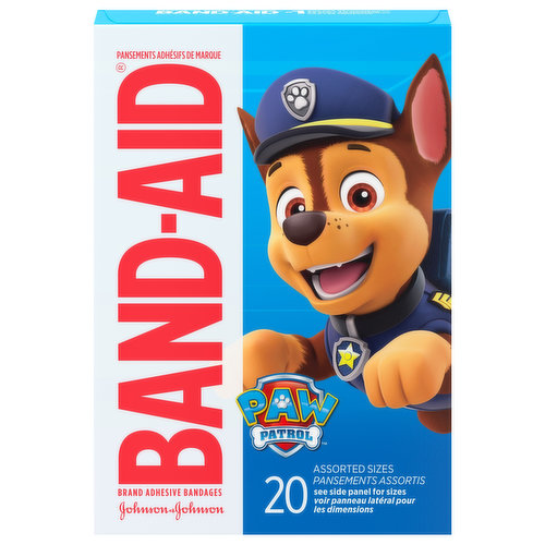 Band-Aid Brand Sterile Adhesive Individually Wrapped Character Bandages for kids and toddlers in assorted sizes, featuring Nickelodeon Paw Patrol designs, are designed to cover and protect minor cuts and scrapes with fun Nickelodeon Paw Patrol graphics. These sterile first aid bandages come in assorted sizes with designs that include Ryder and his team of pups. Band-Aid Brand Adhesive Bandages feature a non-stick pad that allows the bandage to stick to the skin, not the wound. For first aid care, apply adhesive bandage to clean, dry skin and change daily, when wet, or as needed. This package contains 20 sterile decorative bandages for kids in assorted sizes suitable for small wounds. These individually wrapped bandages make the perfect addition to any home first aid kit or wound care supplies.