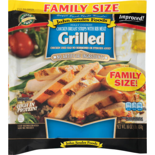 John Soules Foods Chicken Breast Strips with Rib Meat, Gluten Free, Grilled, Family Size