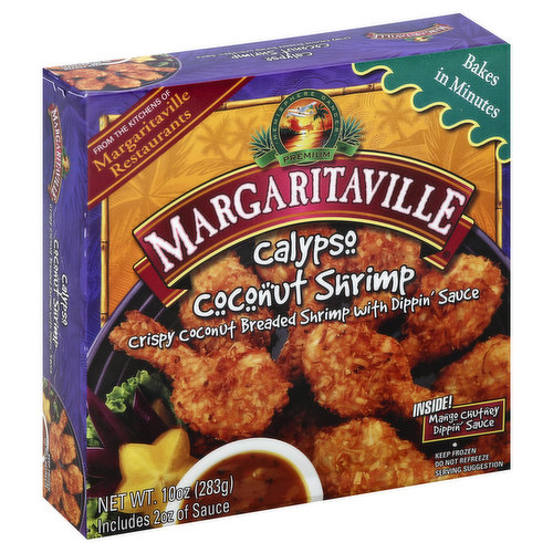 Includes: 2 oz of sauce. Crispy coconut breaded shrimp with dippin' sauce. From the kitchens of Margaritaville restaurants. Hemisphere dancer - premium. Bakes in minutes. Inside! Mango chutney dippin' sauce. Product packaged and sold by weight. Satisfaction 100% guaranteed. www.margaritavilleshrimp.com. Where is Margaritaville? Somewhere between the port of indecision and southwest of disorder, but no parallels of latitude or longitude mark the spot on a map. You don't have to be a navigator to get there. All you have to do is follow your nose. Smell those shrimp they're beginning to boil. Shrimp is to Margaritaville like bait is to fishing, or songs are to sailors. How do you get to Margaritaville? Start here. Try some of our varieties! Margaritaville is always just as close as your freezer. Processed in the USA.