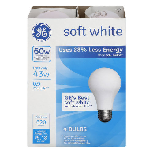 GE Light Bulbs, Incandescent, Soft White, 43 Watts, 4 Packs