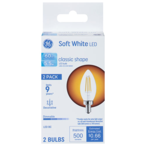GE Light Bulbs, LED, Soft White, Classic Shape, 5.5 Watts, 2 Pack