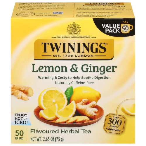 Twinings Flavored Herbal Tea, Lemon & Ginger, Bags, Value Pack