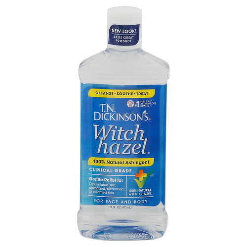 New look. Same great product. No 1 first aid astringent brand (IRI dollar & until sales multi-outlets 52 weeks ending 10/30/2022). Cleanse, soothe, treat. Clinical Grade. Gentle Relief For: Oily, irritated, red, damaged, blemished, or inflamed skin. For face and body. Naturally cleanses & refreshes! The only 100% natural, clinical grade USP witch hazel astringent that cleanses, conditions & treats skin issues while relieving redness & irritation. Gentle enough for every day use! Excess oil removal. Calm redness & irritation. After shave care. Care for cuts + scrapes & many more uses! No fragrances or dyes. Dermatologist tested. Family trusted since 1866. We never test on animals.