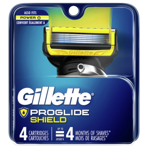The Gillette ProGlide Shield men's razor with lubrication before and after the blades, shields skin from irritation while you shave giving you uncompromising closeness and comfort. These blade refills for men feature 5 antifriction blades for a shave you can barely feel. The blades are spaced closely together for incredible comfort with a precision trimmer on the back for hard-to-reach places and for styling your facial hair just the way you want it. The enhanced lubrastrip (vs. Fusion5) has more lubricants for comfort and glide. With 2x lubrication (vs ProGlide) for incredible comfort. The lubrication before & after the blades shields from irritation while you shave. Soft microfins gently stretch and smooth your skin while a microcomb helps guide your hair for a close shave from our thinnest blades. The ProGlide Shield razor for men features our sharpest blades (first 4 blades) which help get virtually every hair effortlessly. One razor blade refill lasts up to one month of shaves. All ProGlide Shield blade refills can fit all Gillette 5 blade razor handles (excluding GilletteLabs).