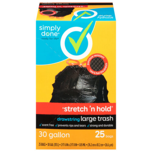 Drawstring Large Trash Bags, 30 gal, 1.05 mil, 30 x 33, Black, 15 Bags/Box,  6 Boxes/Carton - Supply Solutions