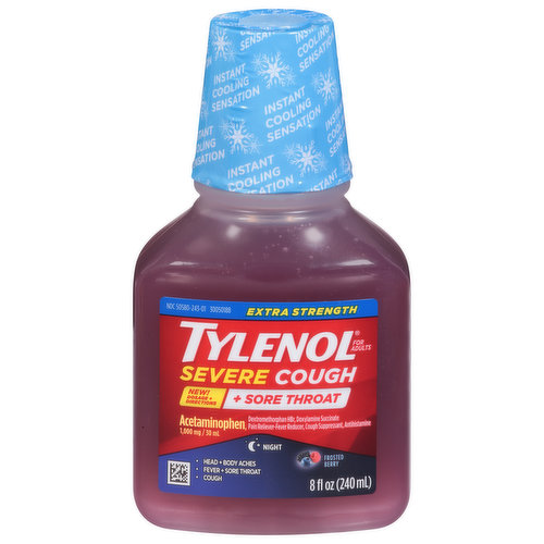 Tylenol Severe Cough + Sore Throat, Extra Strength, Frosted Berry, Night, For Adults