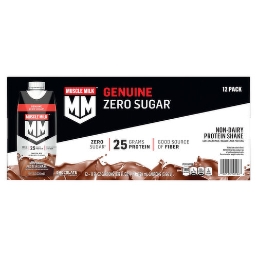 Muscle Milk Protein Shake, Zero Sugar, Non Dairy, Chocolate, 12 Pack