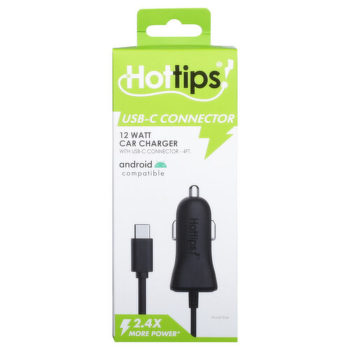 Hottips! Car Charger, USB-C Connector, 12 Watt, 4 Ft