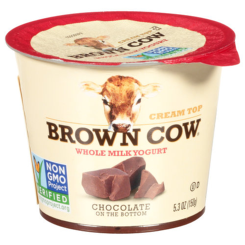Certified Gluten-Free. Non GMO Project Verified. nongmoproject.org. Chocolate on the bottom. Our Original Cream Top yogurt is rich and satisfying because we use only whole milk. This Brown Cow yogurt is sweetened with cane sugar and maple syrup. and is made without the use of artificial growth hormones. artificial flavors or artificial sweeteners. Our farmers pledge no artificial growth hormones used (The FDA has said no significant difference has been shown and no test can now distinguish milk from rBST treated and untreated cows). Grade A. BrownCowFarm.com. 1-888-Hay-Lily (429-5459); BrownCowFarm.com. Recycle this paper sleeve separately.
