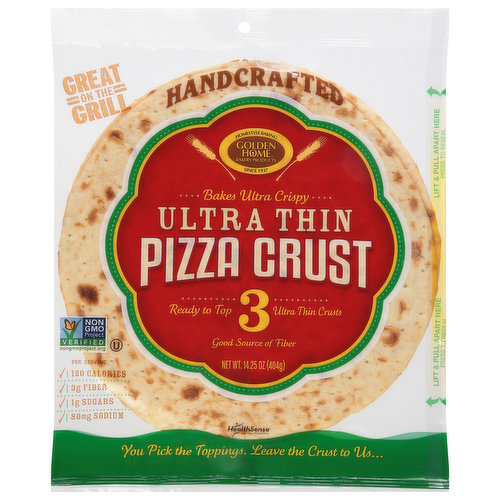 Great on the grill. Homestyle baking. Since 1937. Bakes ultra crispy. Ready to top 3 ultra thin crusts. You pick the toppings. Leave the crust to us.
